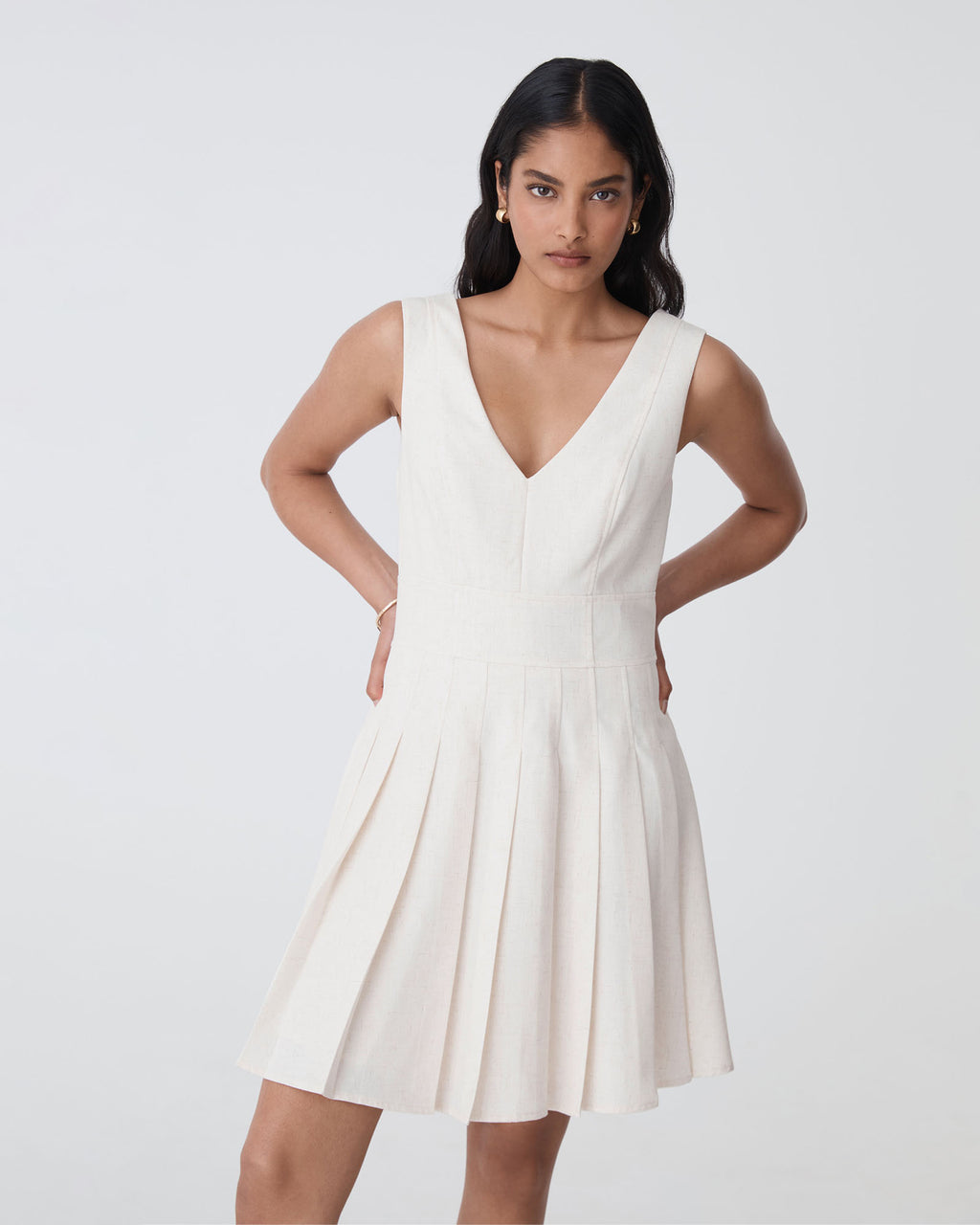 Mikala Pleated Mini Dress in rice marle — close-up view