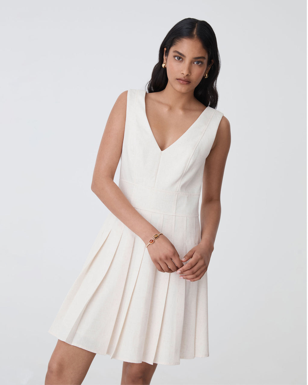 Mikala Pleated Mini Dress in rice marle — close-up view 2