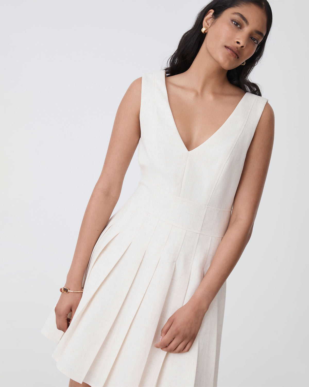 Mikala Pleated Mini Dress in rice marle — close-up view 3