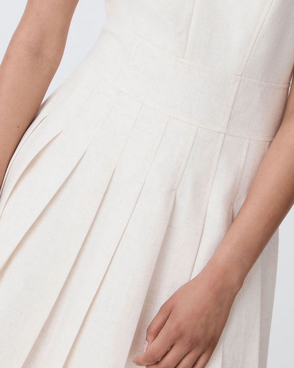 Mikala Pleated Mini Dress in rice marle — fabric detail