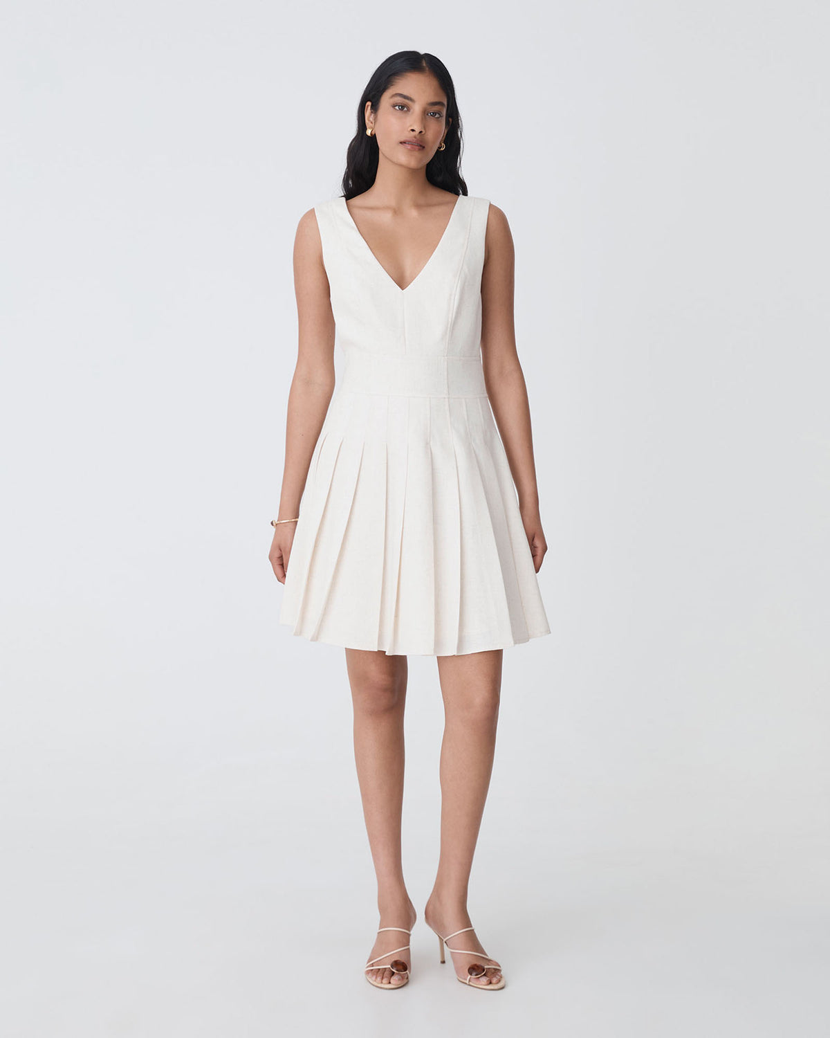 Mikala Pleated Mini Dress in rice marle — full-length view