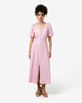 Almeria Polka Dot Dress in pink blue — full-length view