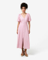 Almeria Polka Dot Dress in pink blue — full-length view