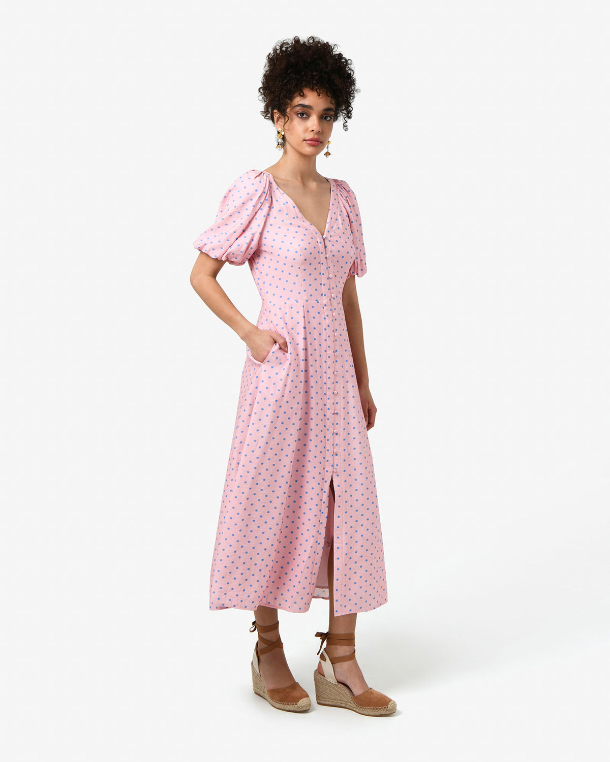 Almeria Polka Dot Dress in pink blue — side view