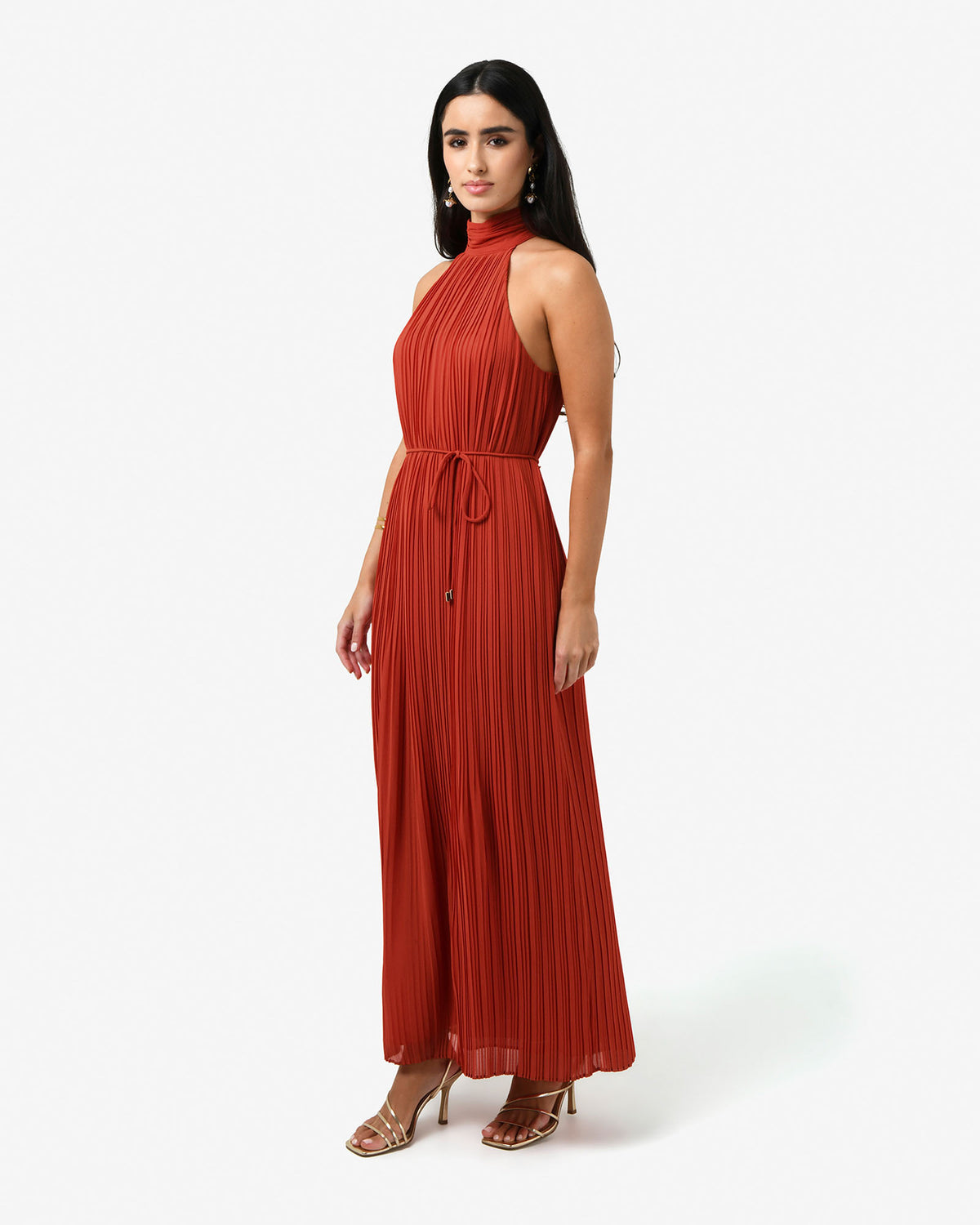 Shelly Chiffon Pleated Dress in burnt orange — side view