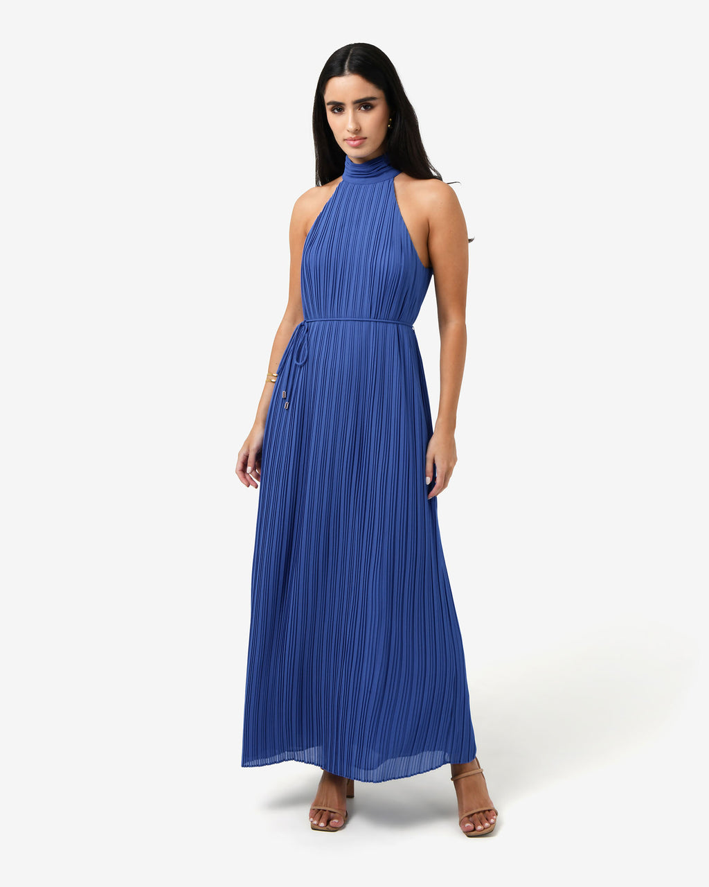 Shelly Chiffon Pleated Dress in periwinkle — full-length view