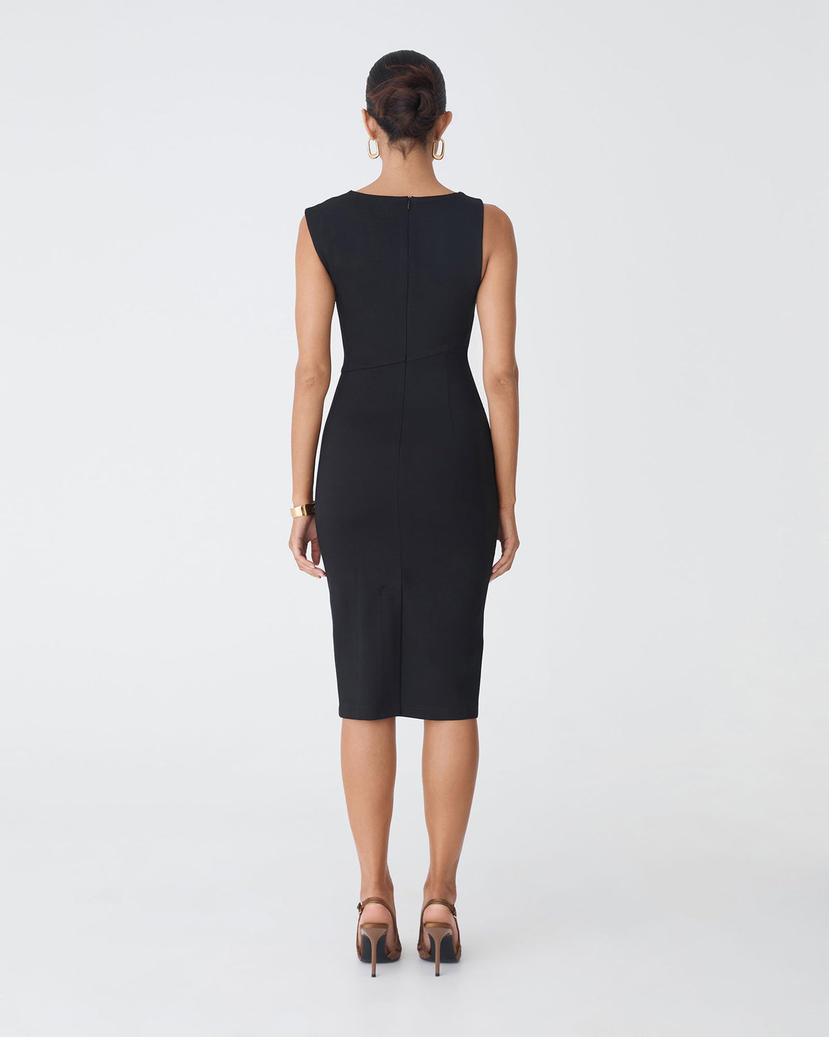 Sutton Twist Shoulder Dress in black — back view