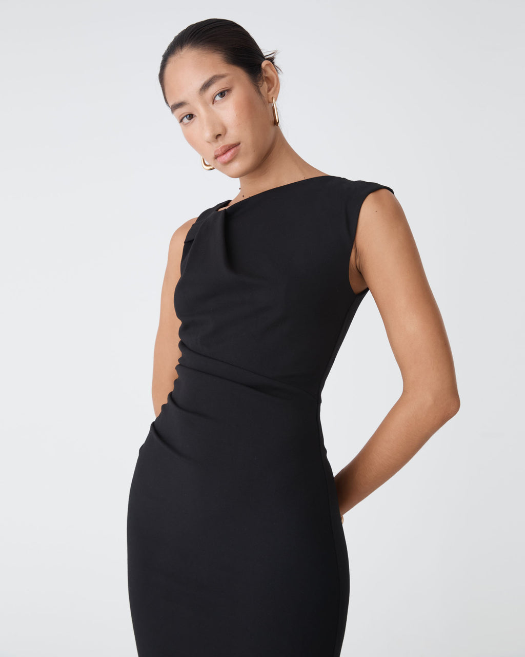 Sutton Twist Shoulder Dress in black — close-up view