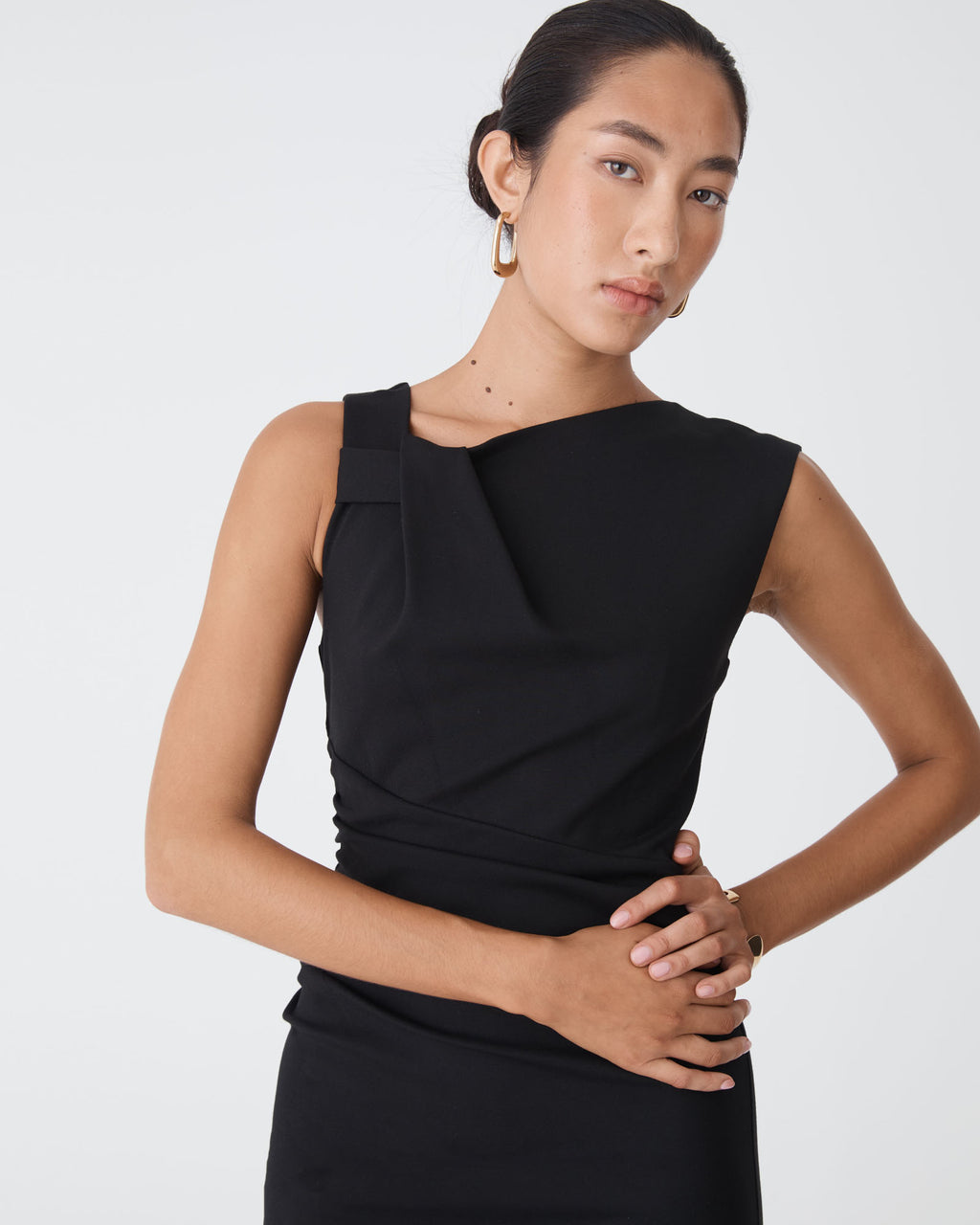 Sutton Twist Shoulder Dress in black — close-up view 2