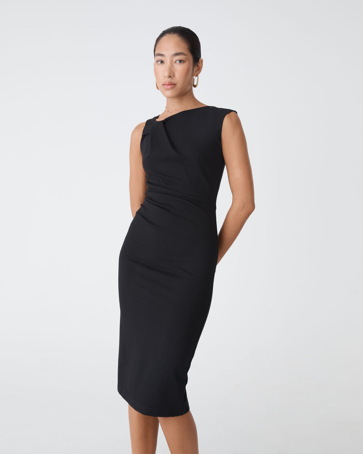 Sutton Twist Shoulder Dress in black — close-up view 3
