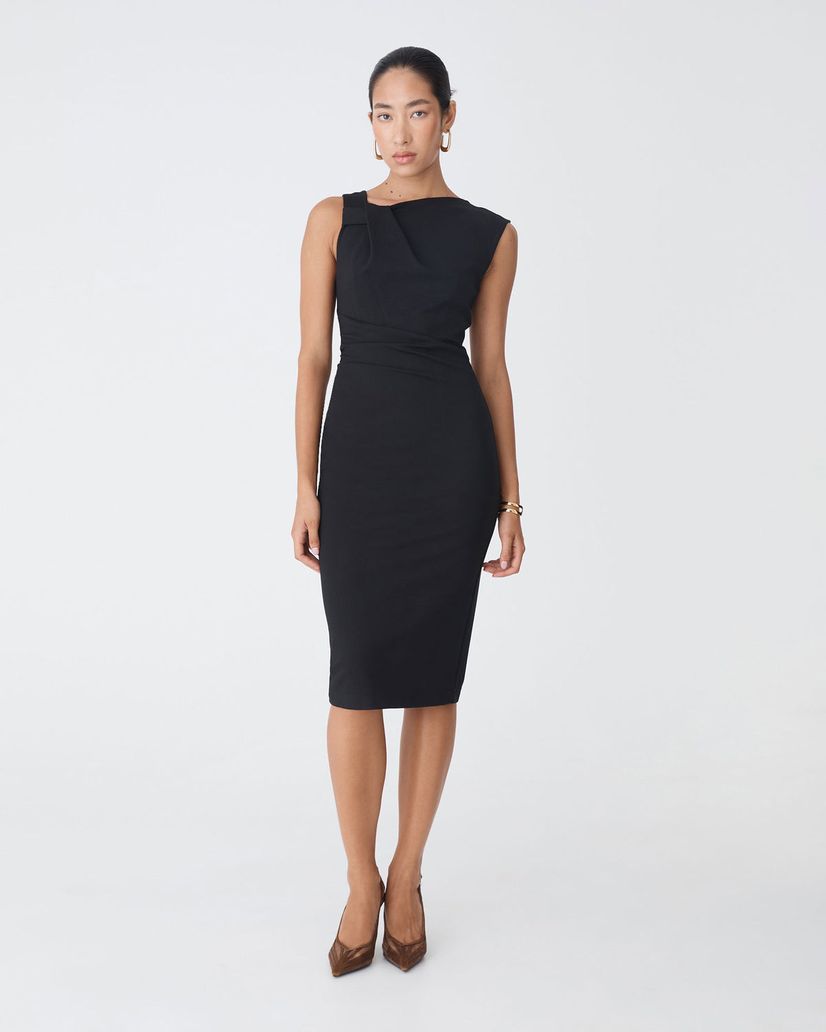 Sutton Twist Shoulder Dress in black — full-length view