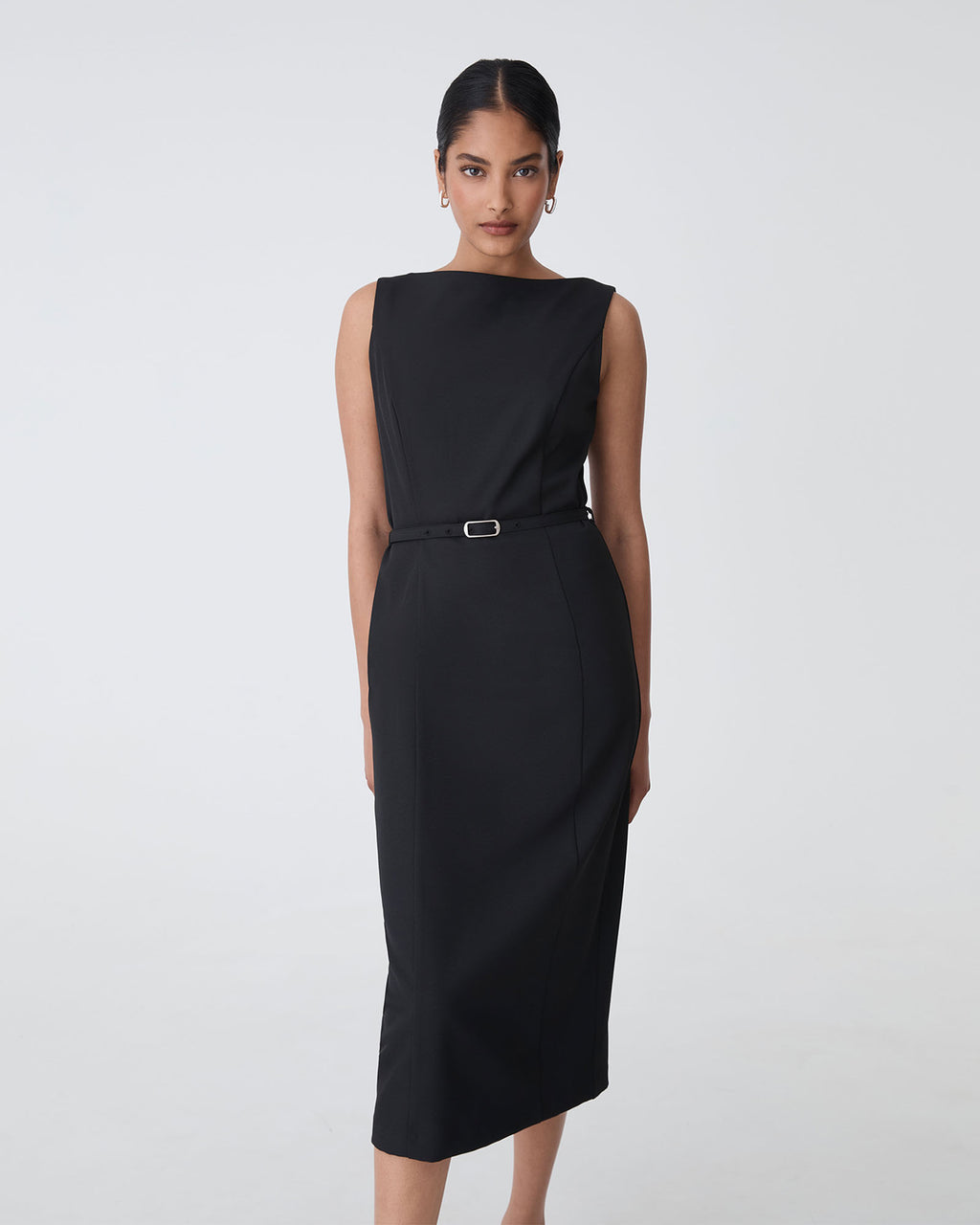Mila Pencil Midi Dress in black — close-up view