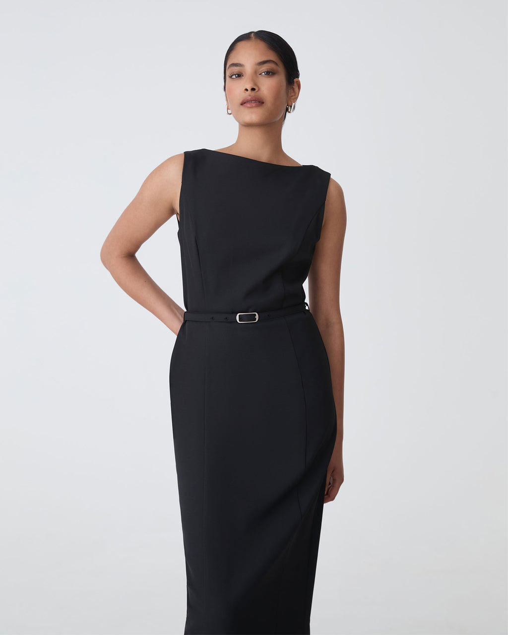 Mila Pencil Midi Dress in black — close-up view 2