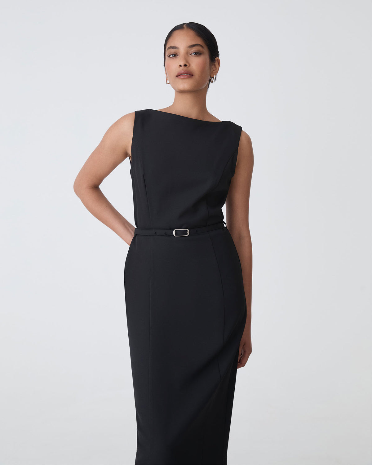 Mila Pencil Midi Dress in black — close-up view 2