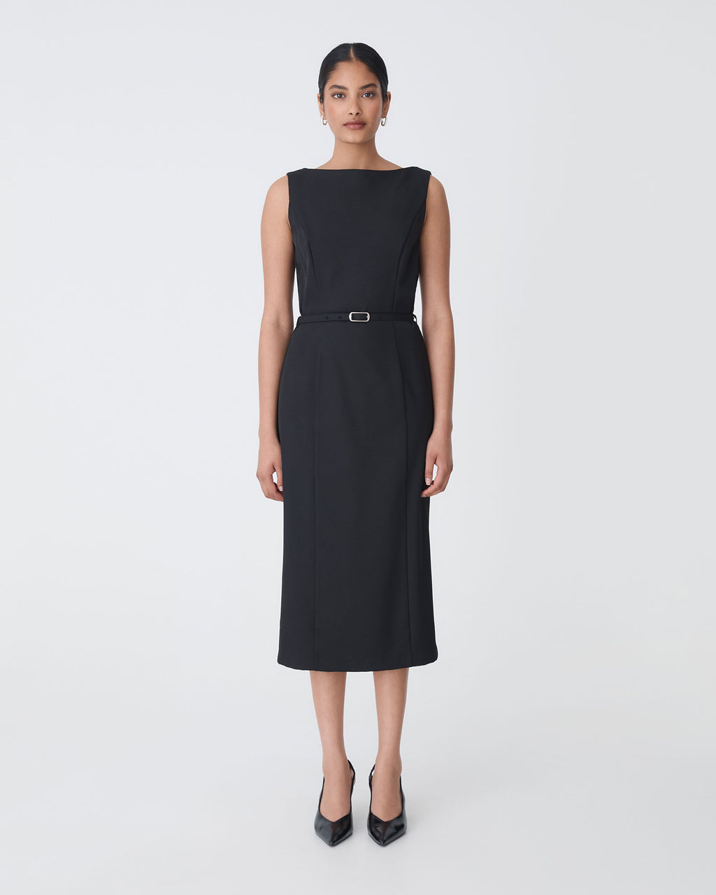 Mila Pencil Midi Dress in black — full-length view