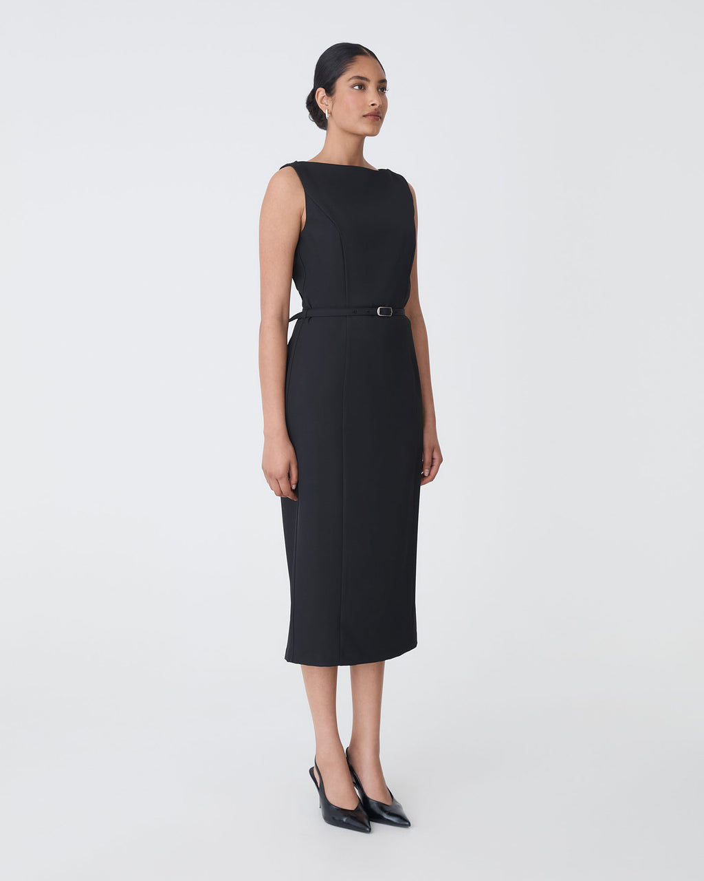 Mila Pencil Midi Dress in black — side view
