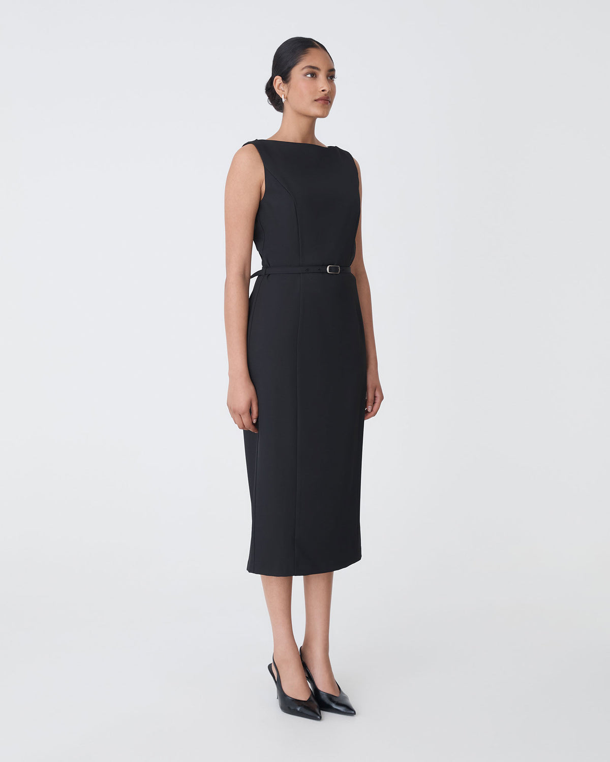 Mila Pencil Midi Dress in black — side view