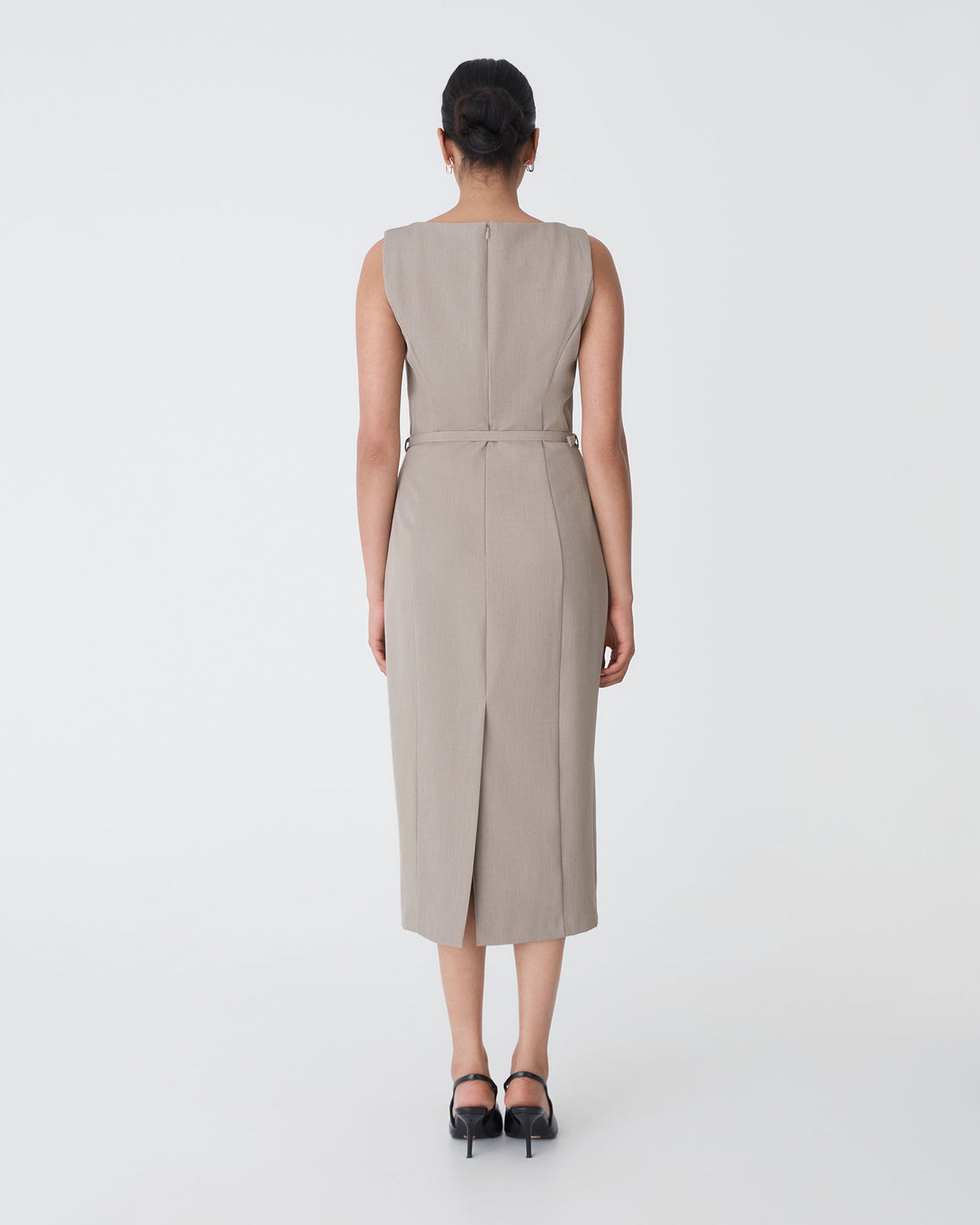 Mila Pencil Midi Dress in fawn — back view