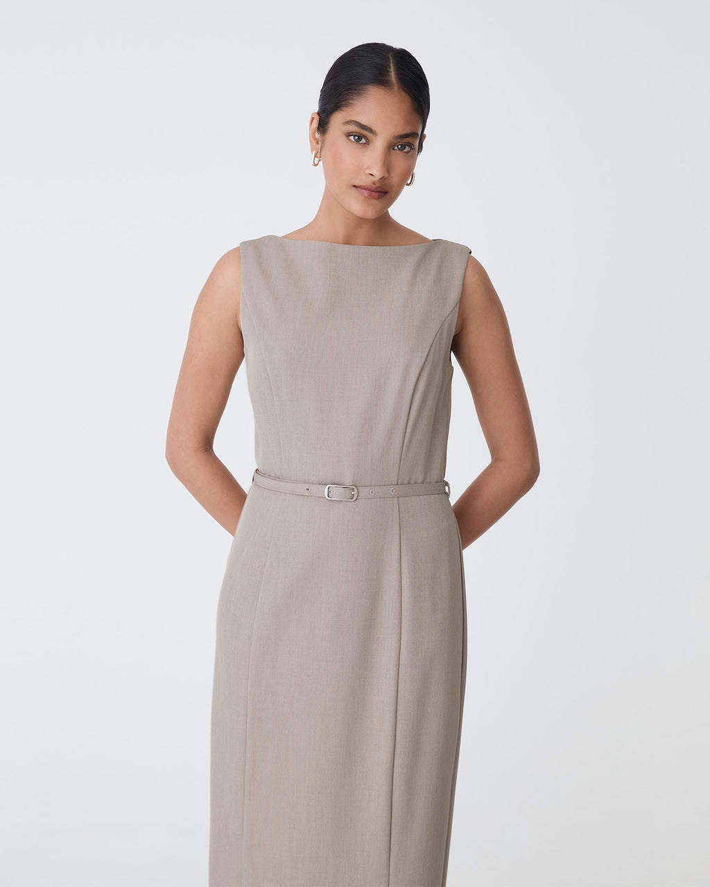 Mila Pencil Midi Dress in fawn — close-up view