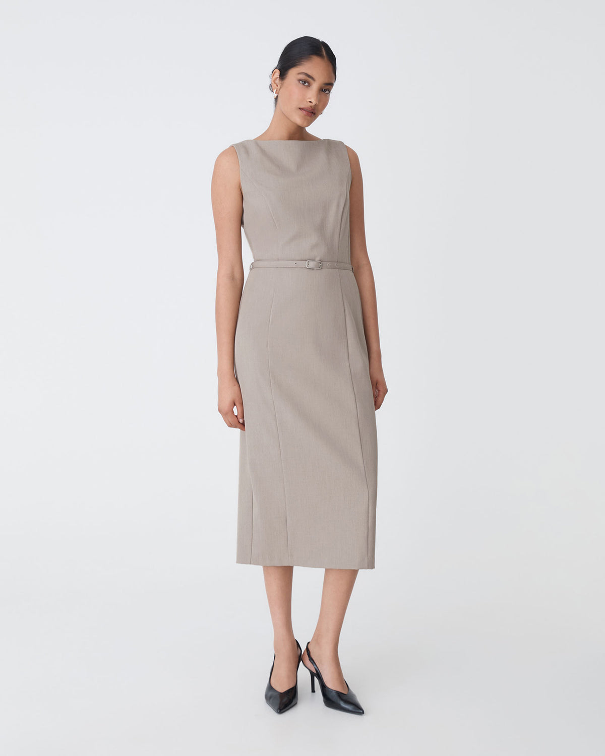 Mila Pencil Midi Dress in fawn — full-length view 2