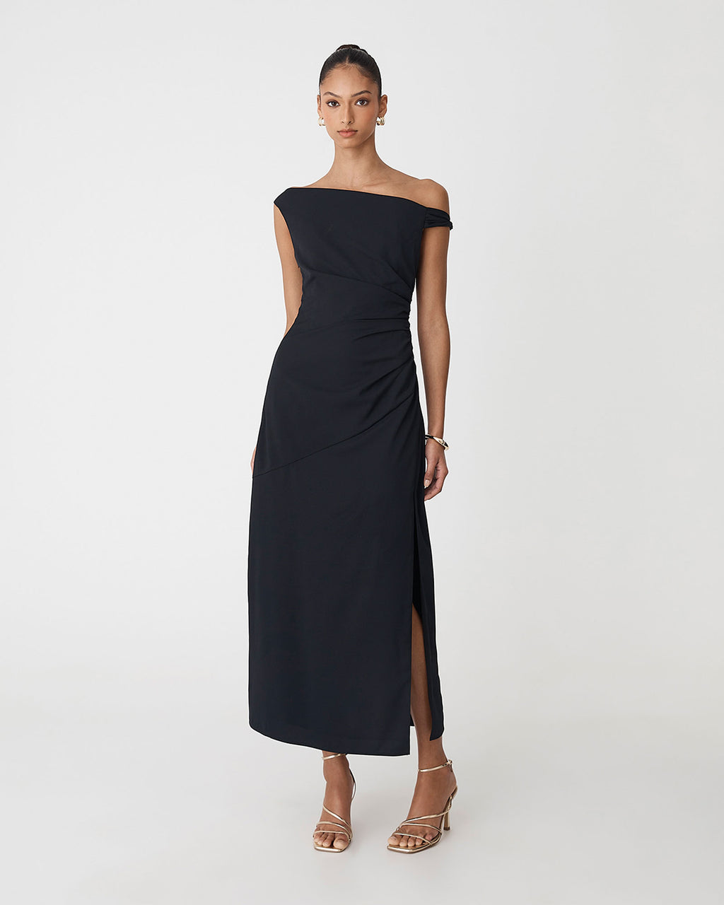 Afina One Shoulder Twist Dress in black — full-length view