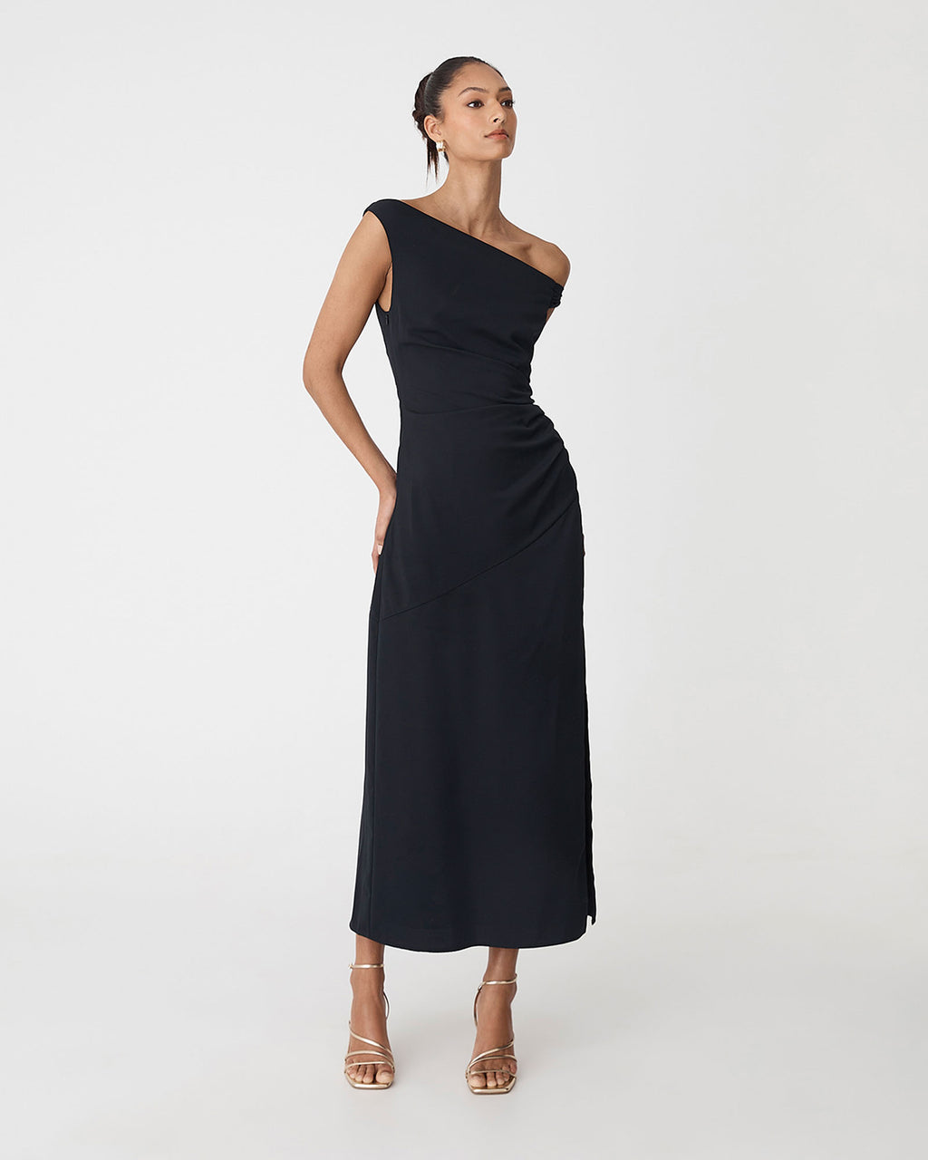 Afina One Shoulder Twist Dress in black — full-length view 2