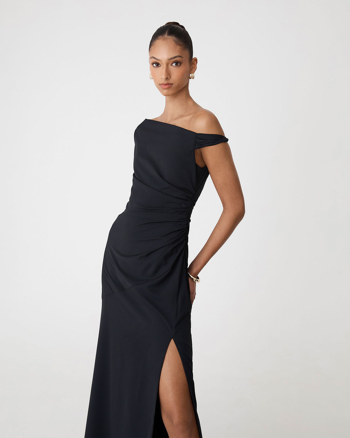 Afina One Shoulder Twist Dress in black — side view