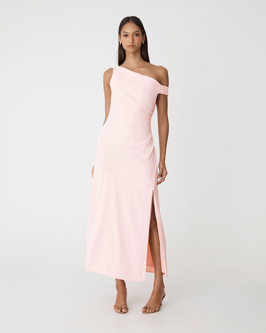 Afina One Shoulder Twist Dress in soft pink — full-length view
