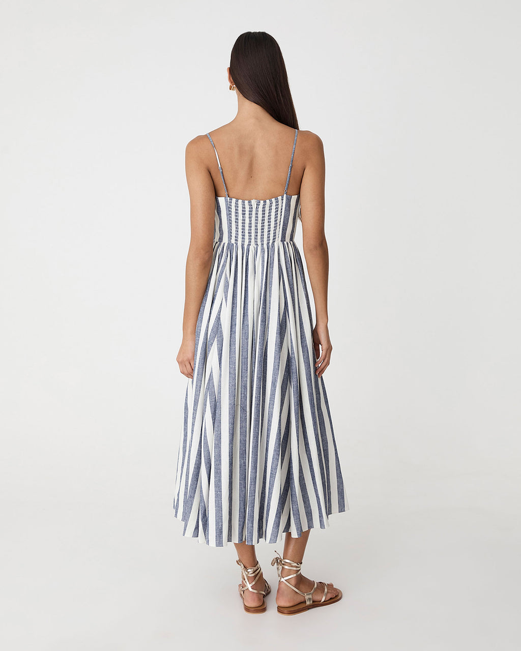Ikaria Linen Crossover Dress in blue stripe — back view