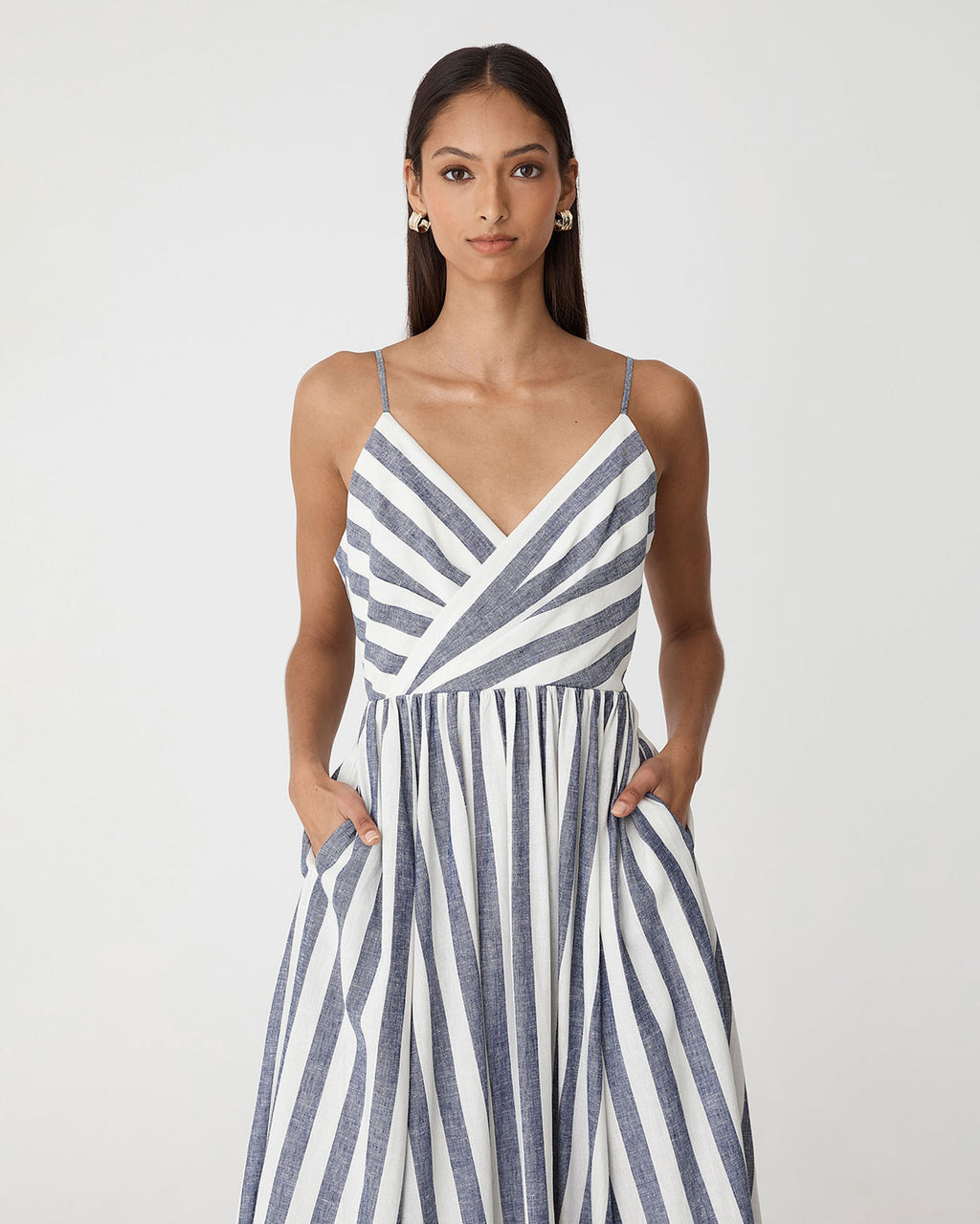 Ikaria Linen Crossover Dress in blue stripe — close-up view 2