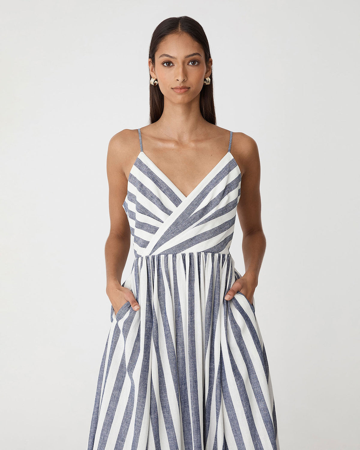 Ikaria Linen Crossover Dress in blue stripe — close-up view 2
