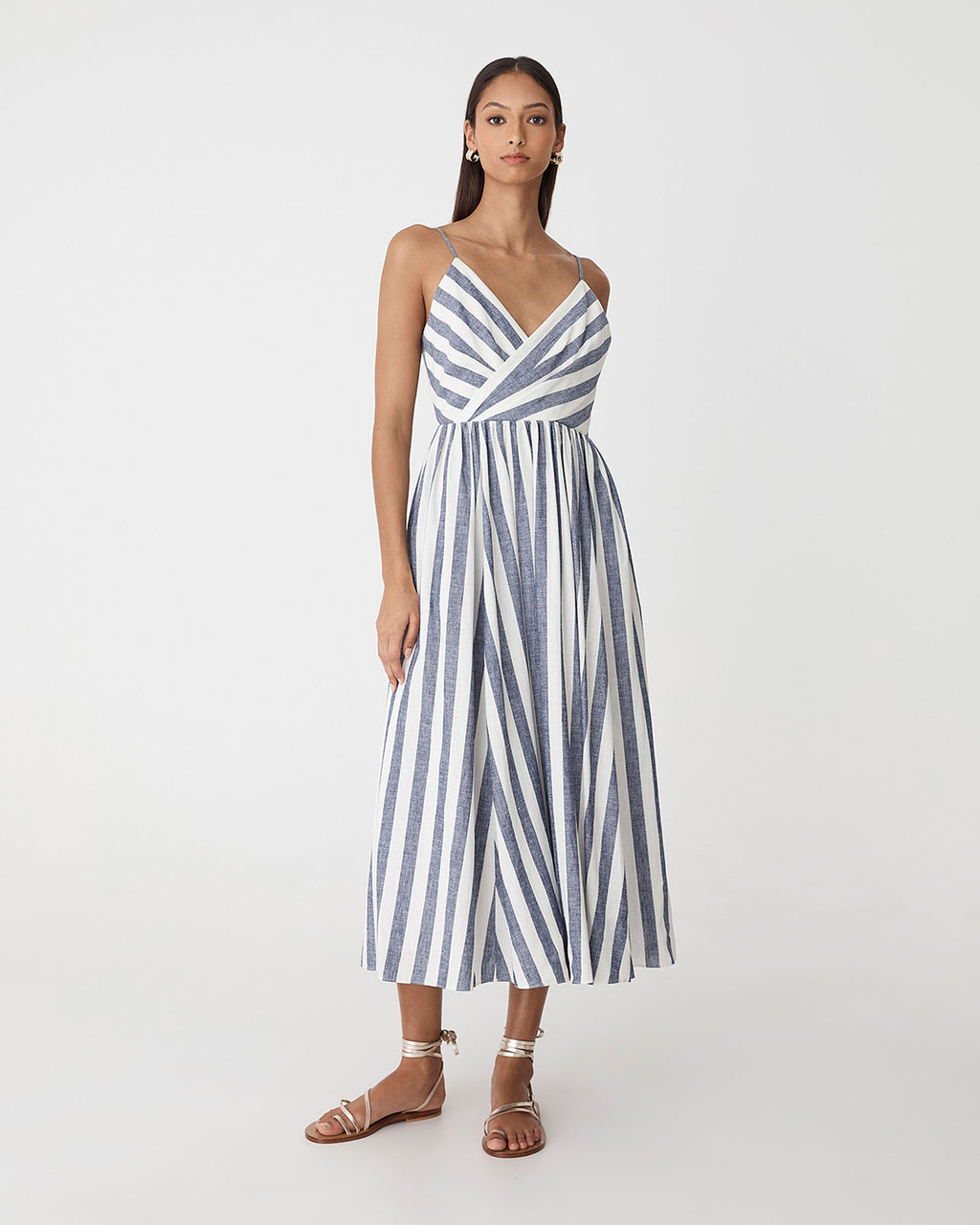 Ikaria Linen Crossover Dress in blue stripe — full-length view