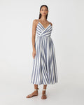 Ikaria Linen Crossover Dress in blue stripe — full-length view