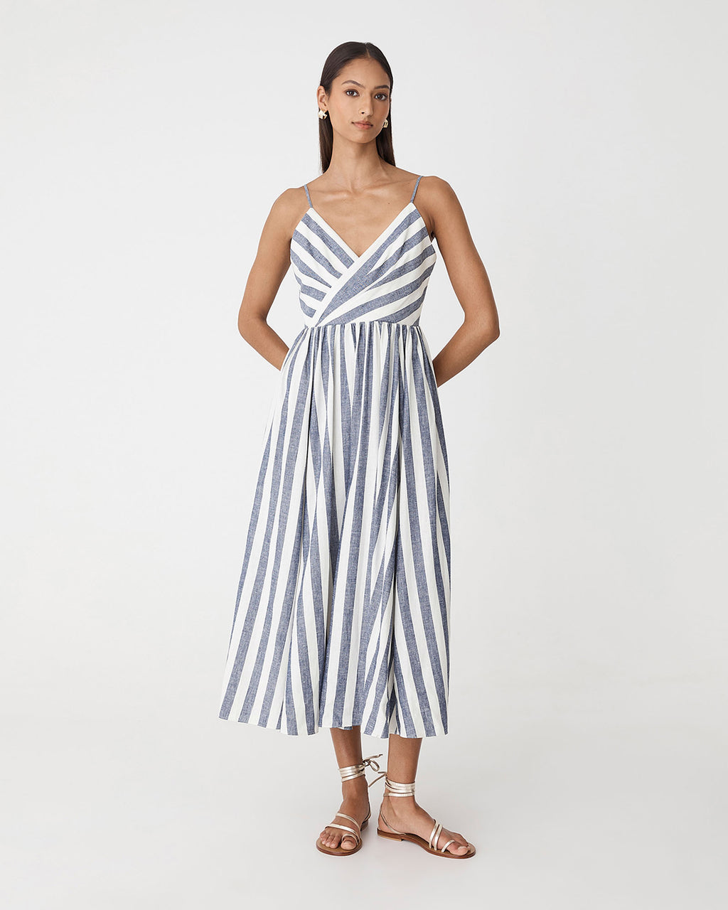 Ikaria Linen Crossover Dress in blue stripe — full-length view 2
