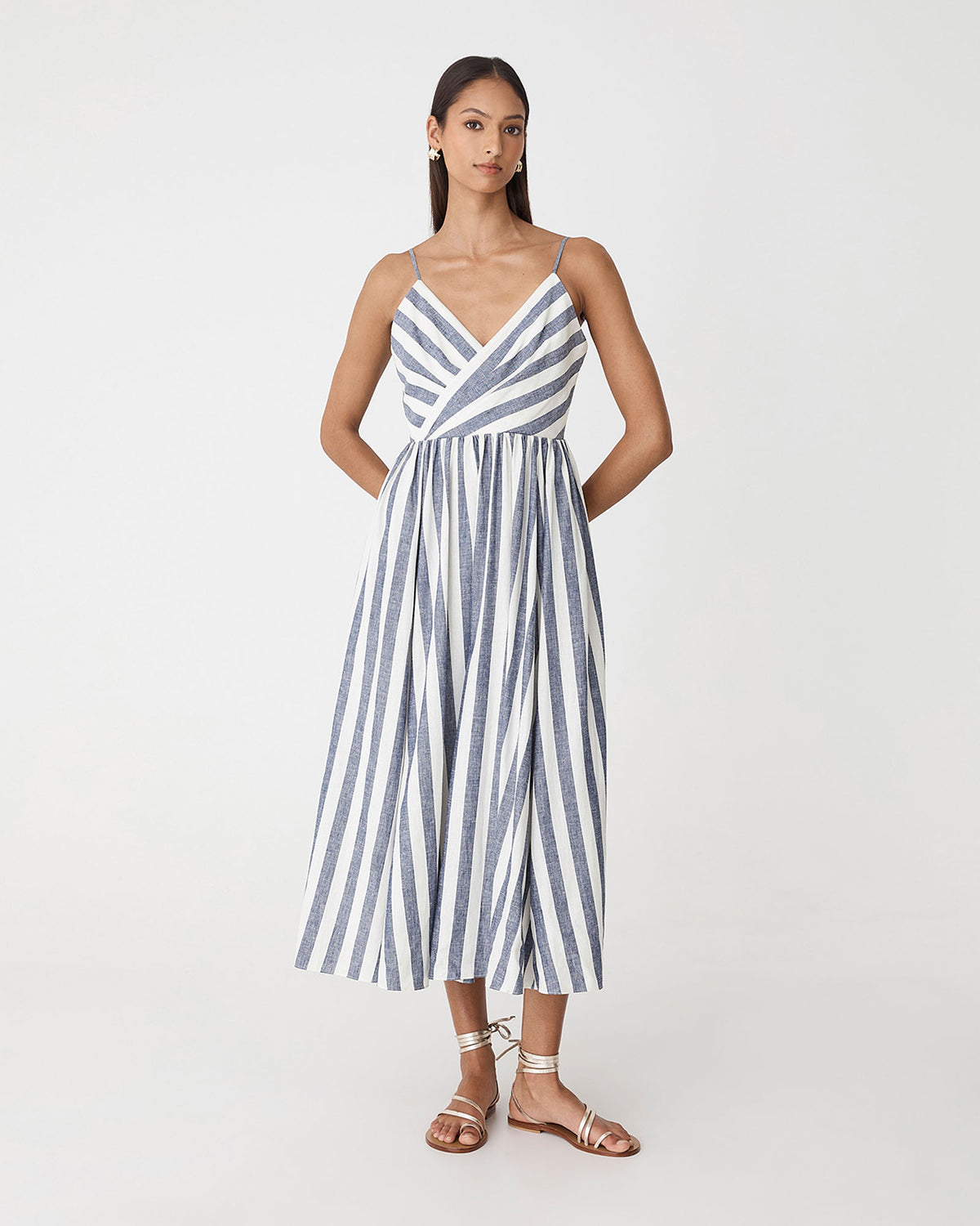 Ikaria Linen Crossover Dress in blue stripe — full-length view 2