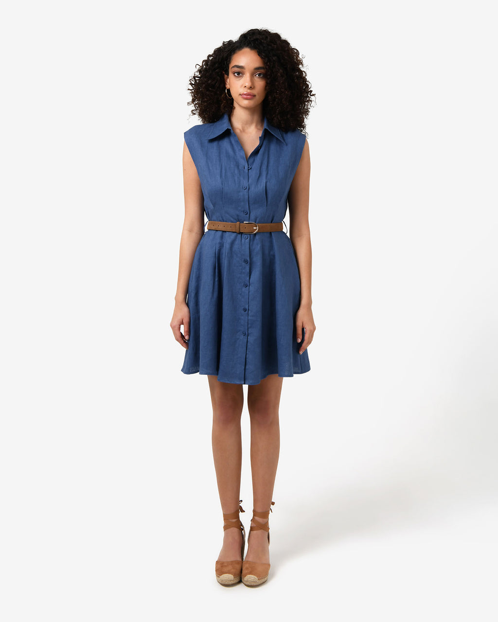 Ami Linen Mini Beach Dress in egyptian blue — full-length view