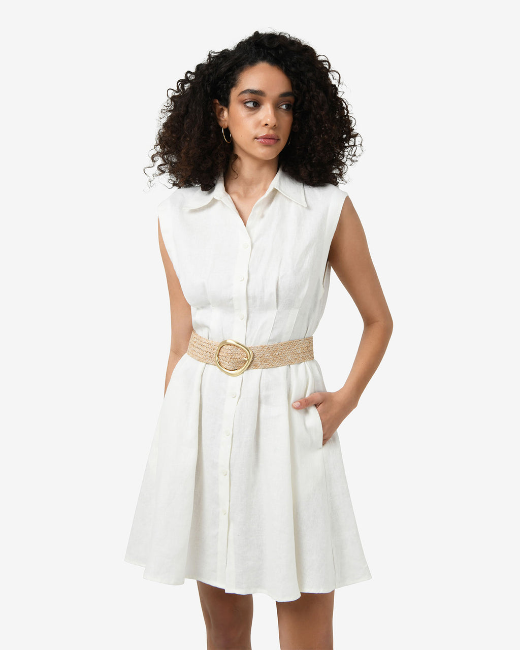 Ami Linen Mini Beach Dress in ivory — close-up view