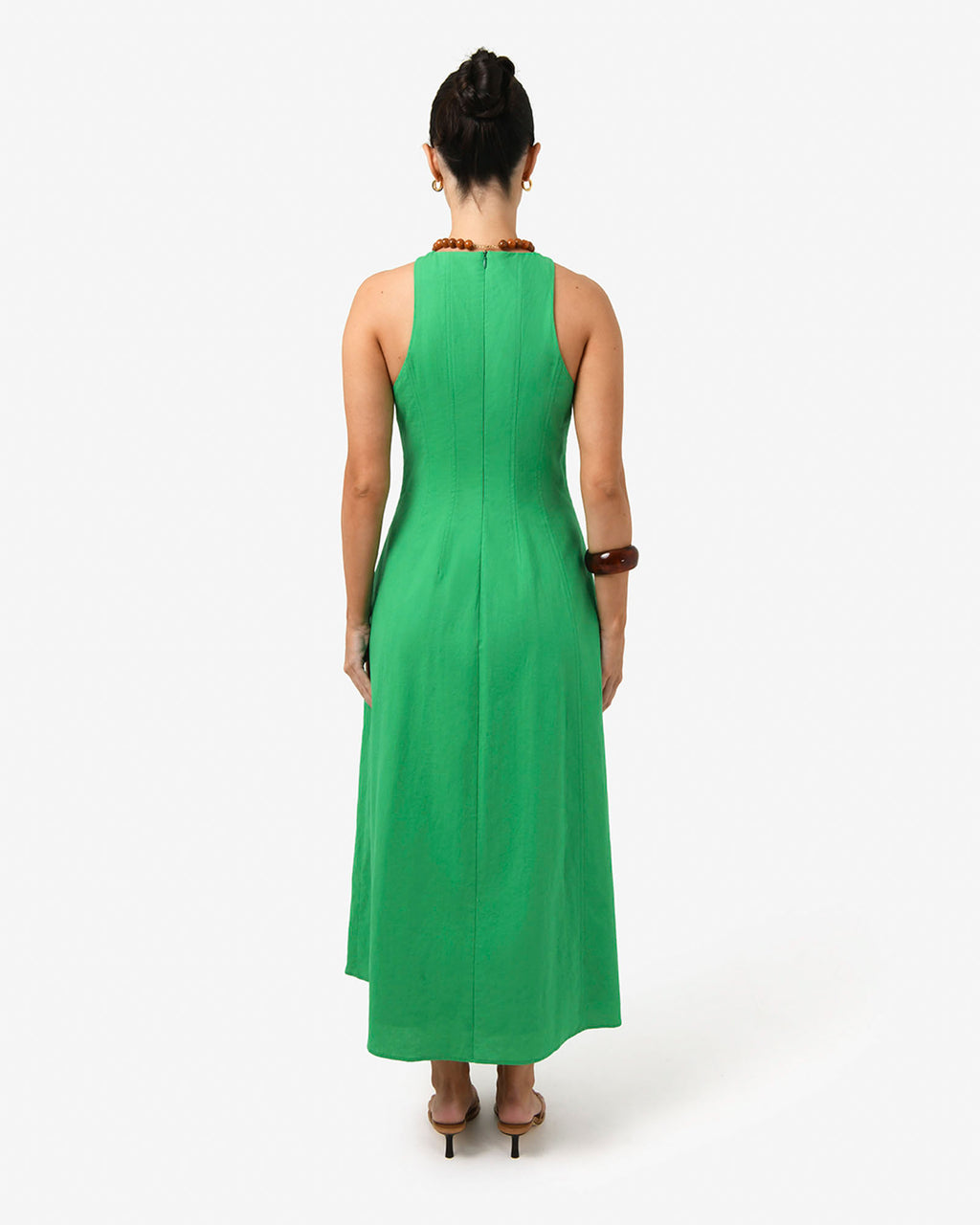 Tory Linen Blend Panel Dress in grass green — back view