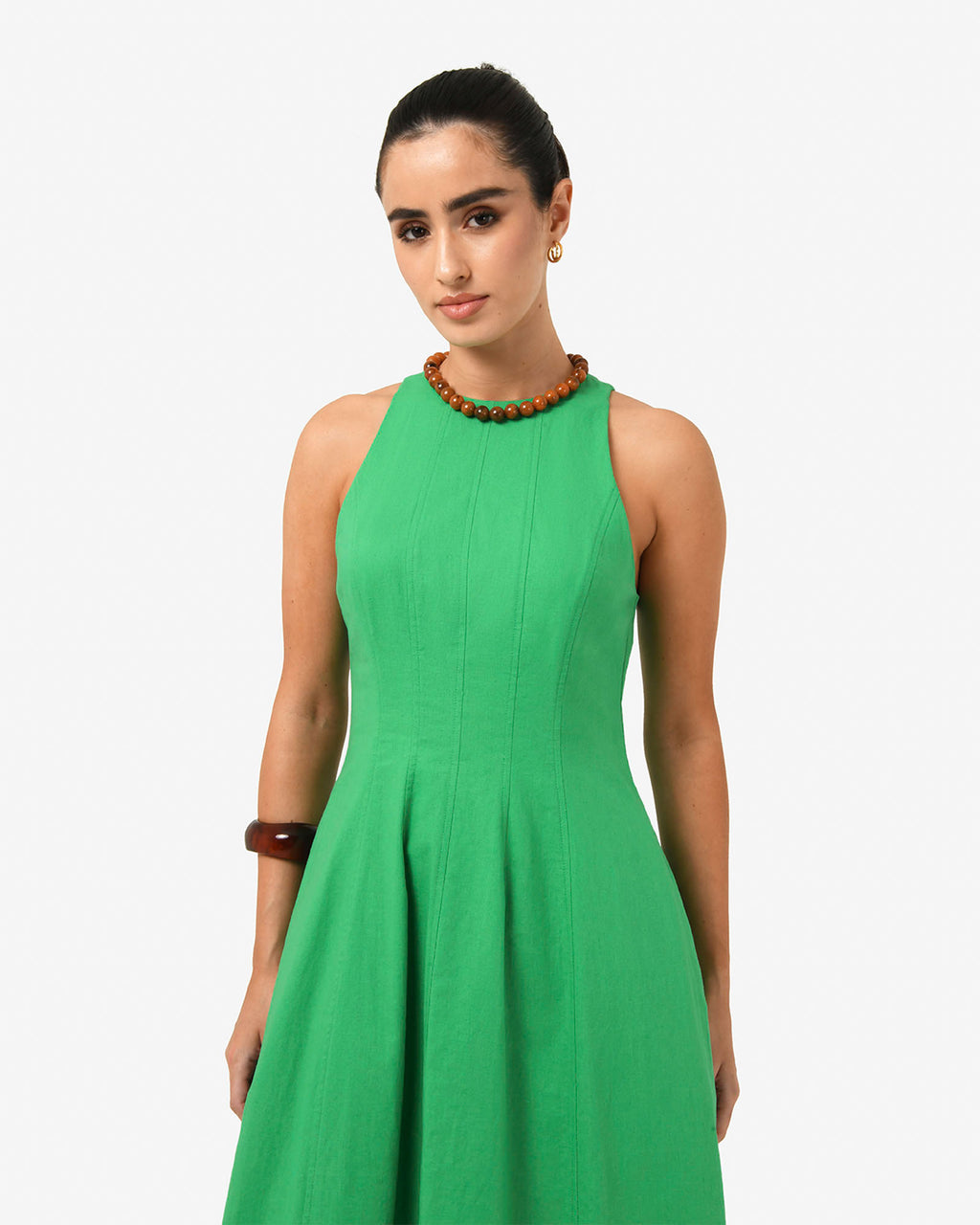 Tory Linen Blend Panel Dress in grass green — close-up view 2