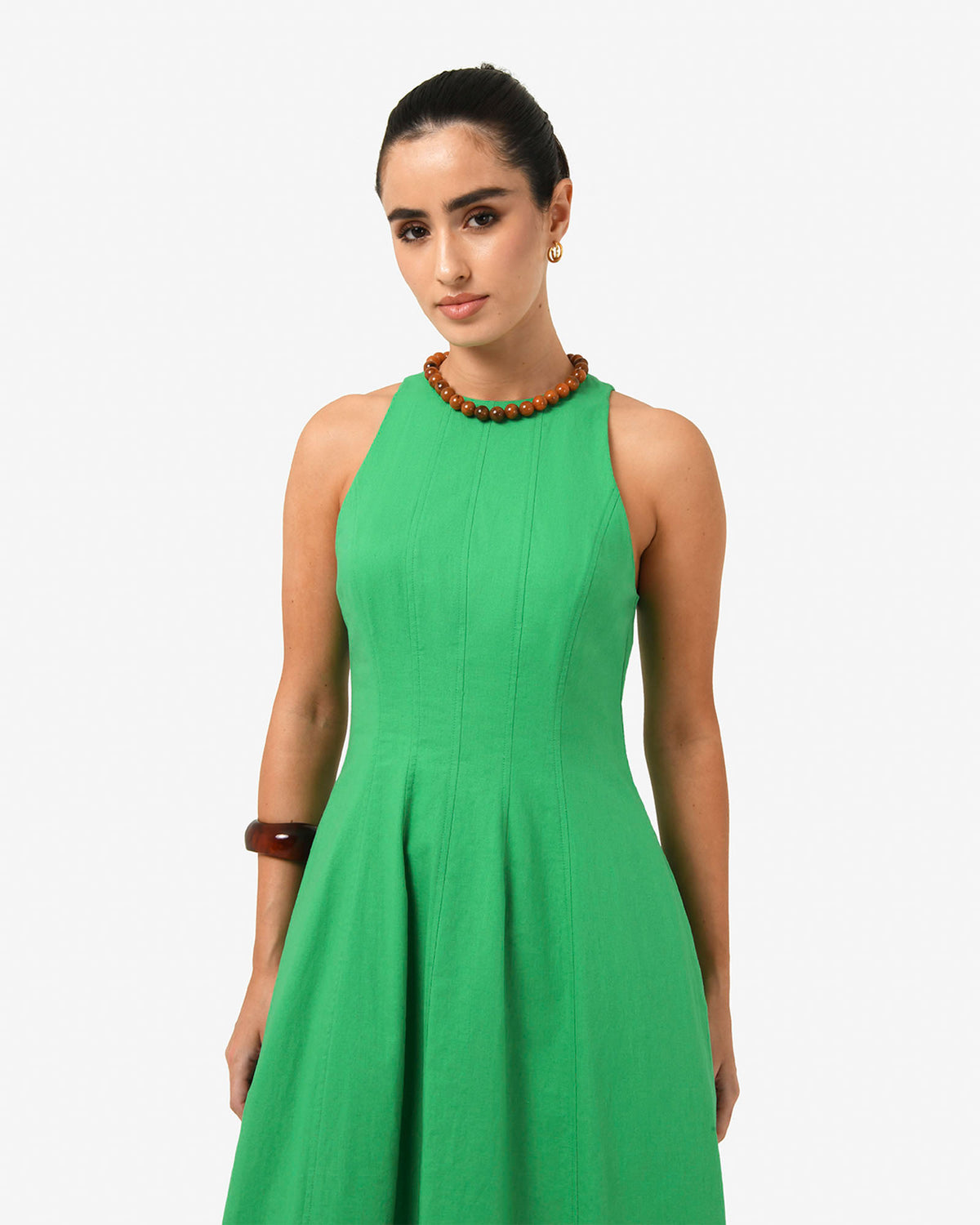 Tory Linen Blend Panel Dress in grass green — close-up view 2