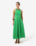 Tory Linen Blend Panel Dress in grass green — full-length view