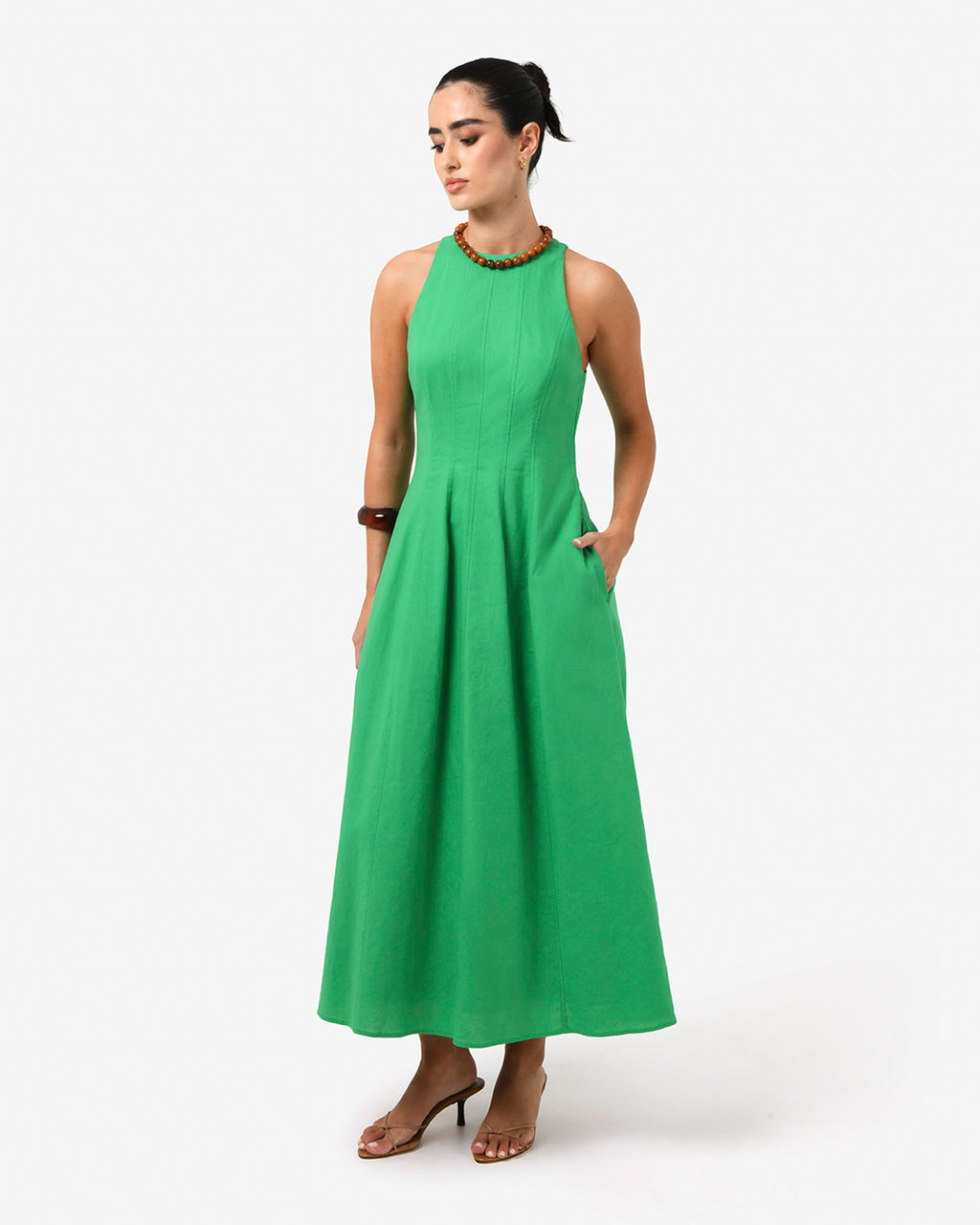 Tory Linen Blend Panel Dress in grass green — full-length view 2