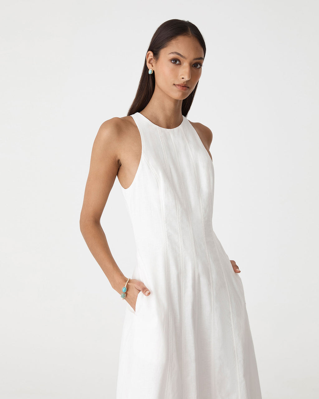 Tory Linen Blend Panel Dress in ivory — view 2