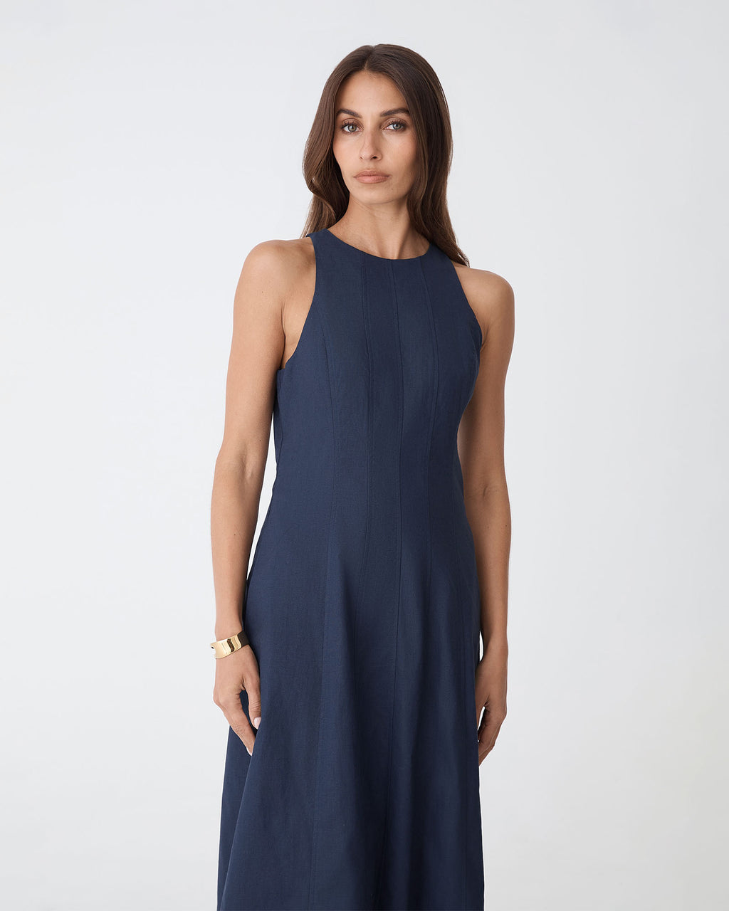 Tory Linen Blend Panel Dress in navy — view 2