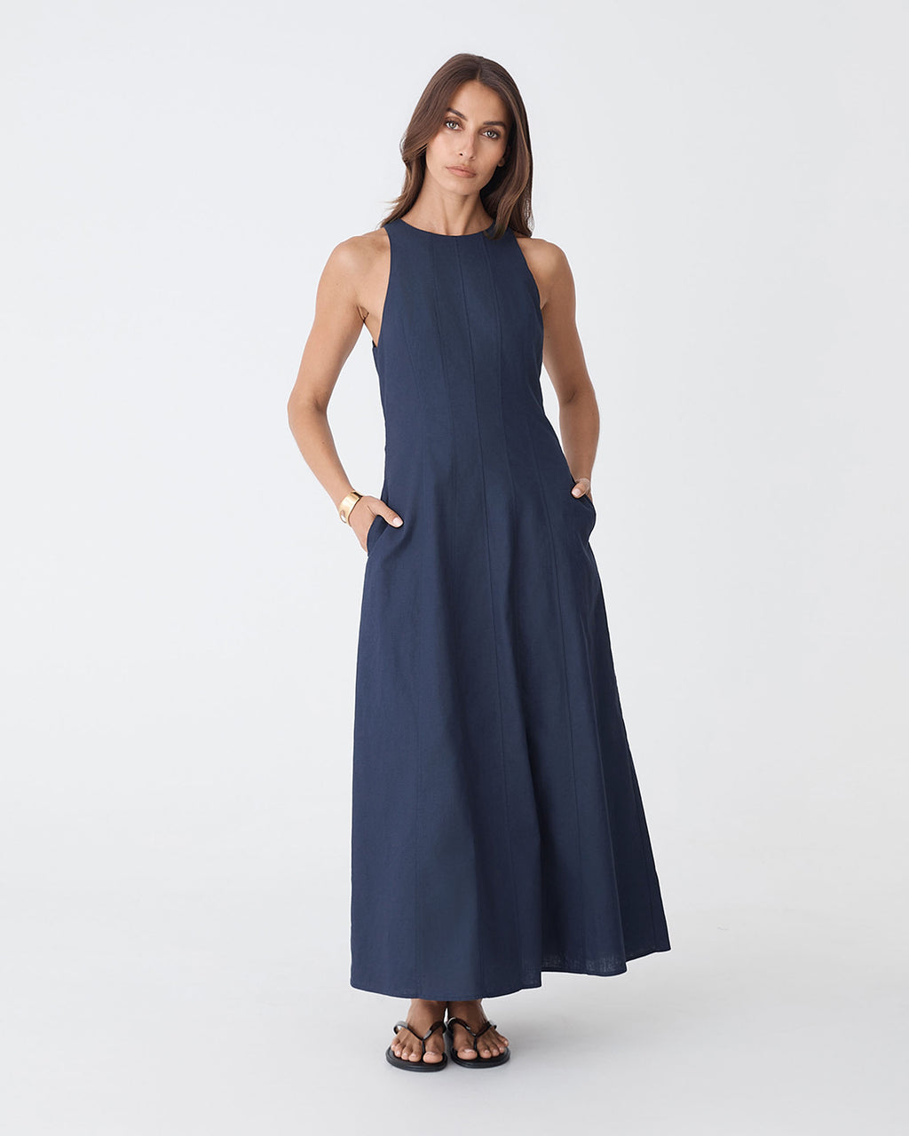 Tory Linen Blend Panel Dress in navy — view 3