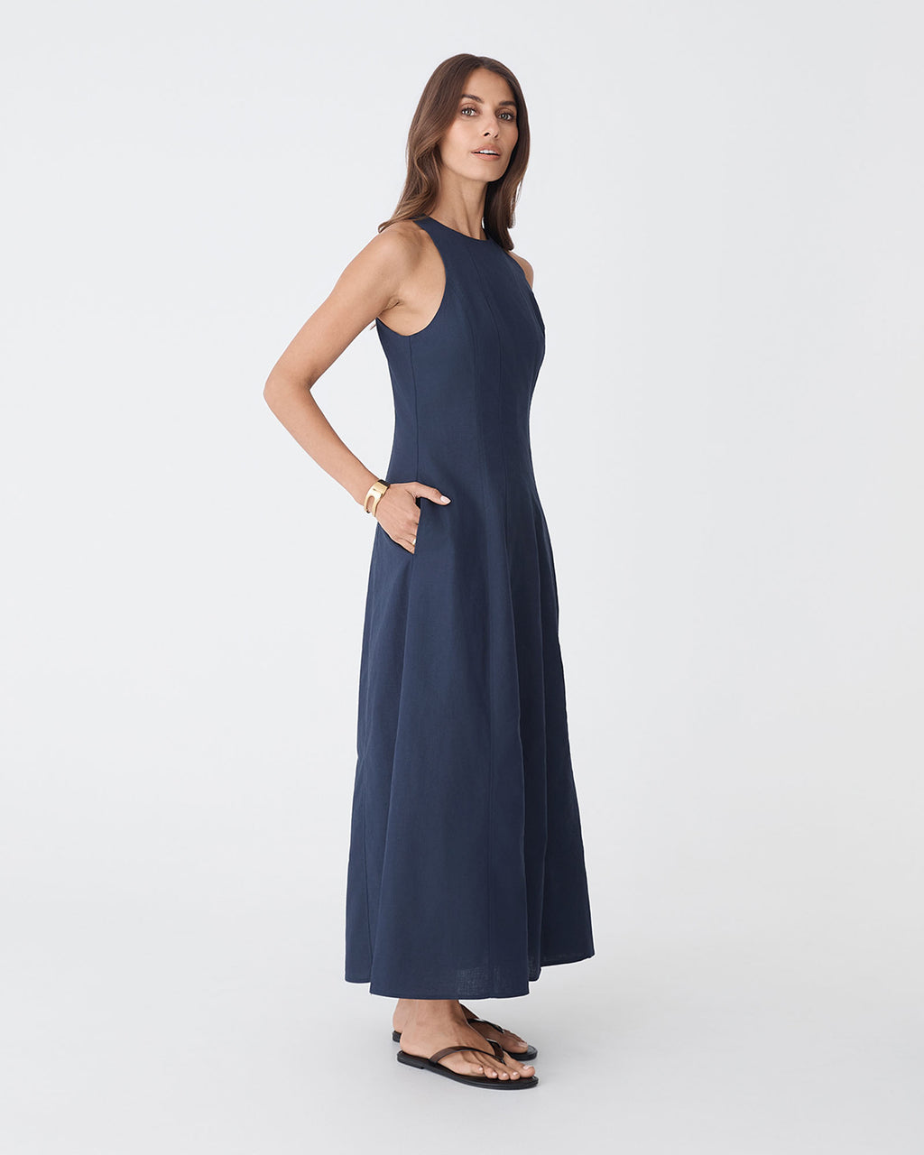 Tory Linen Blend Panel Dress in navy — view 4