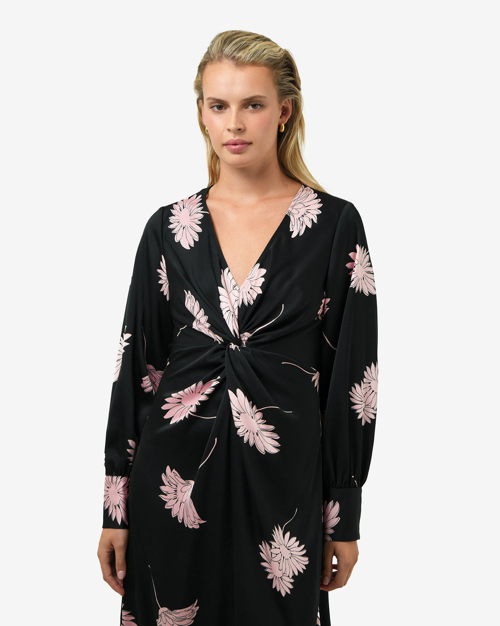 Felicia Floral Twist Dress in black pink — close-up view