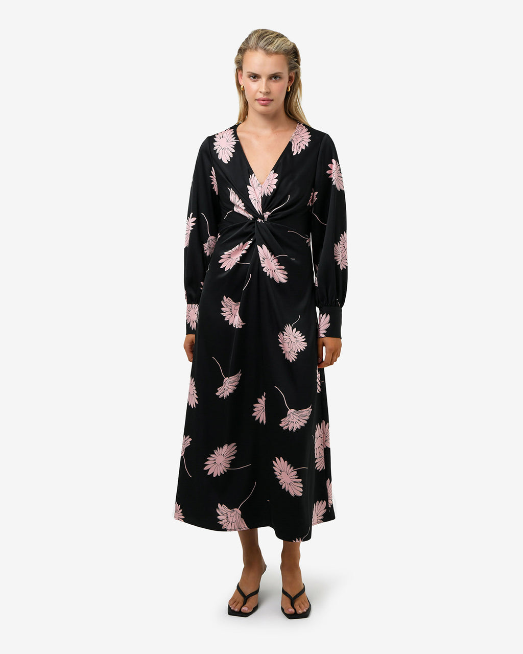 Felicia Floral Twist Dress in black pink — full-length view