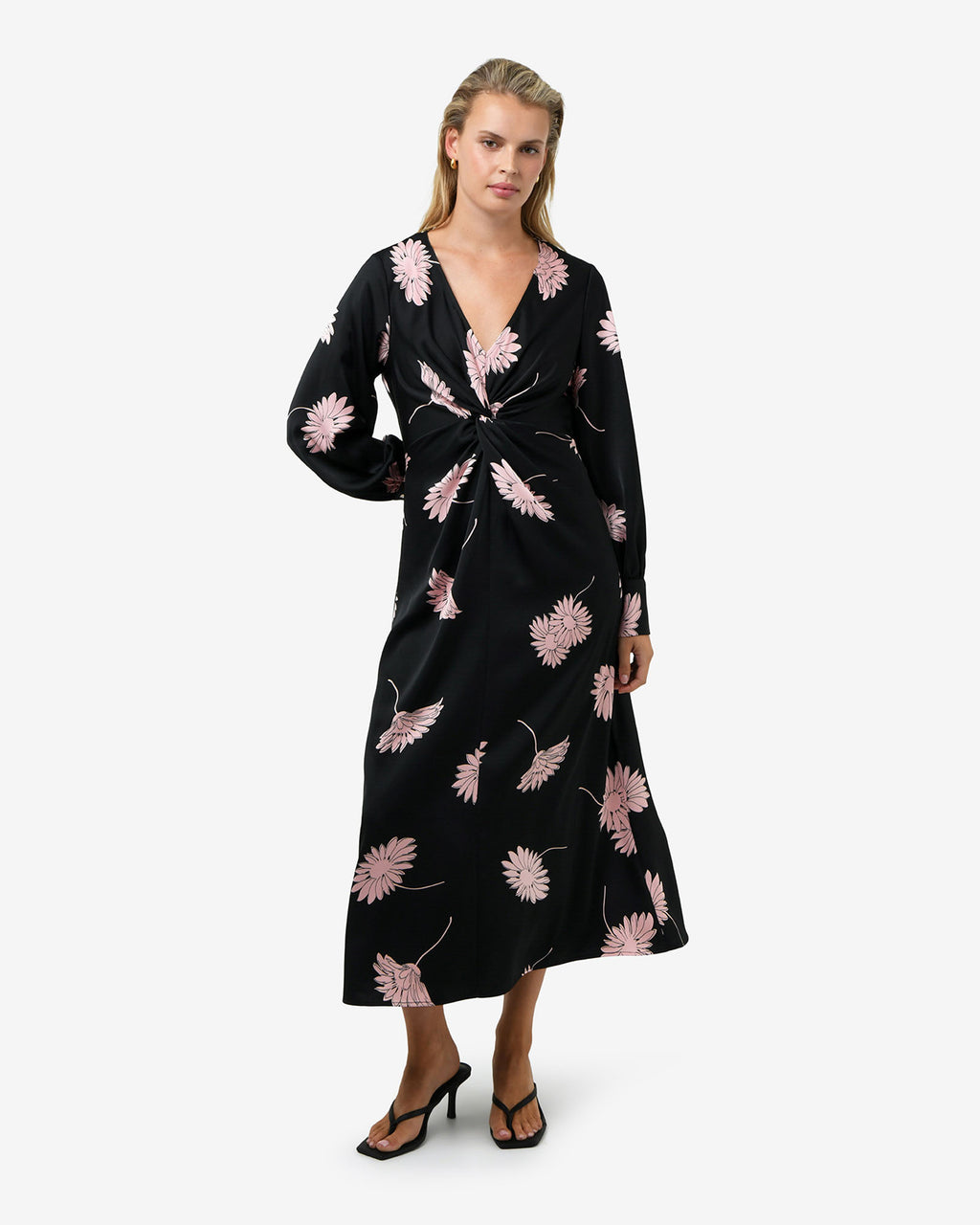 Felicia Floral Twist Dress in black pink — full-length view 2
