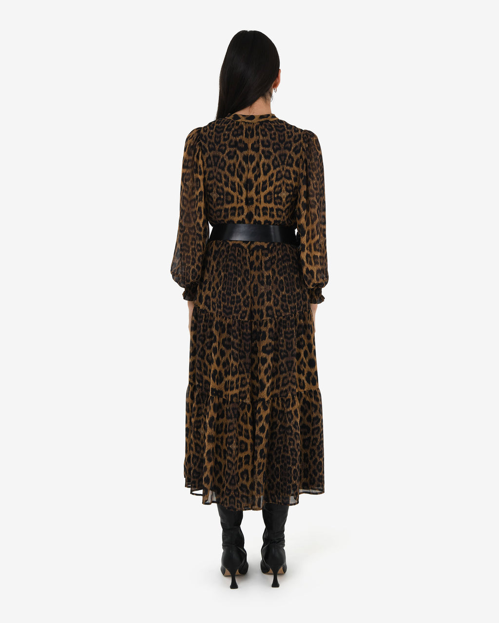 Shakira V-Neck Button Dress in leopard — back view